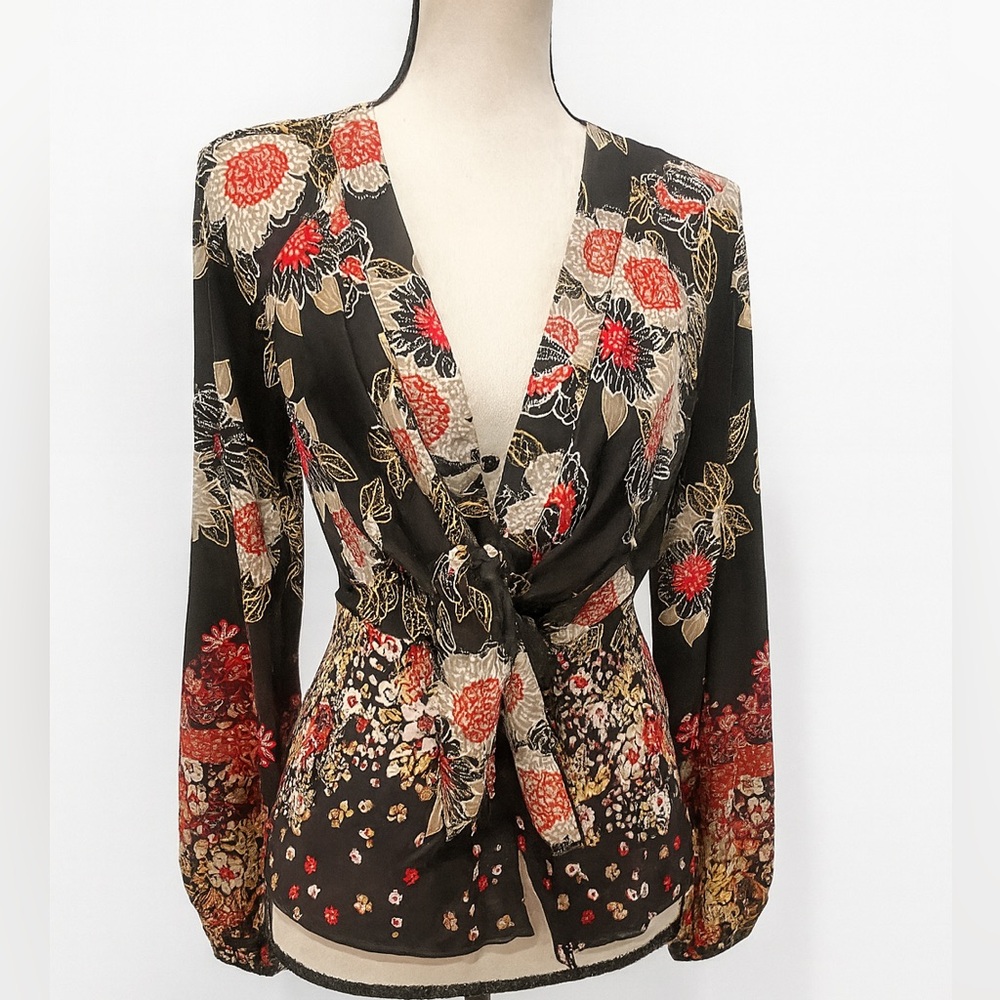 Free People Black Floral Long Sleeve Tie‑Front Blouse. NWOT